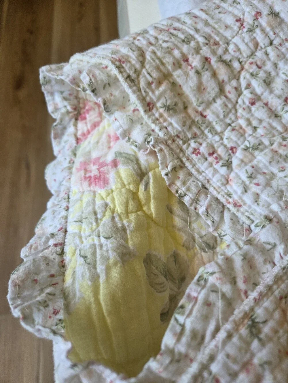 Laura Ashley Vintage Floral Ruffled Quilt and Sham in Lemon Yellow and Pink